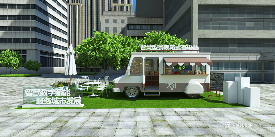 Smart Mobile Commercial Food Truck With Green Lawn And Outdoor Seating In Urban Park 3d model 