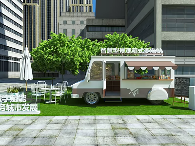 Smart Mobile Commercial Food Truck With Green Lawn And Outdoor Seating In Urban Park 3d model