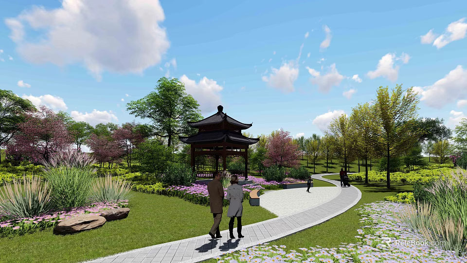Traditional Garden Landscape Featuring Chinese Style Pavilion Green Trees Pathway And Colorful Flowers 3d model 