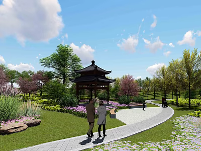 Traditional Garden Landscape Featuring Chinese Style Pavilion Green Trees Pathway And Colorful Flowers 3d model