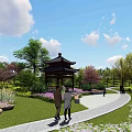 Traditional Garden Landscape Featuring Chinese Style Pavilion Green Trees Pathway And Colorful Flowers
