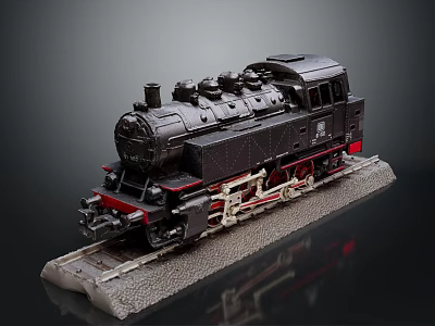 Black Steam Train Model With Red Wheels On Grey Base 3d model