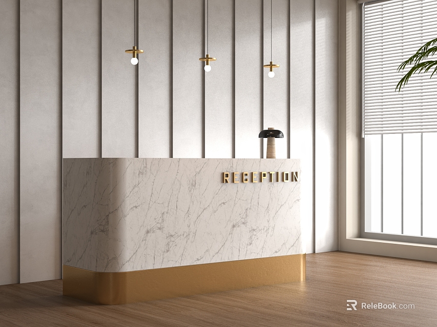 White Marble Reception Desk With Gold Base Lettering And Hanging Wall Lights 3d model 