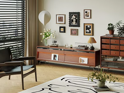 Wooden TV Stand With Vase Flowers Records Framed Photos Lamp Beside Armchair And Patterned Rug 3d model