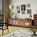Wooden TV Stand With Vase Flowers Records Framed Photos Lamp Beside Armchair And Patterned Rug