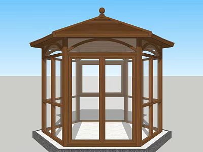 Wooden Gazebo Design Featuring Hexagonal Roof Spherical Top Ornament Glass Windows And Light Floor Tiles 3d model