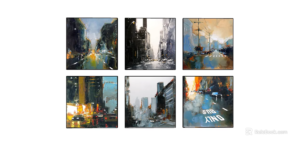 Modern Urban Street Scenes And Sailboat Oil Paintings With Buildings And Lights 3d model 