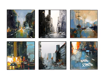 Modern Urban Street Scenes And Sailboat Oil Paintings With Buildings And Lights 3d model