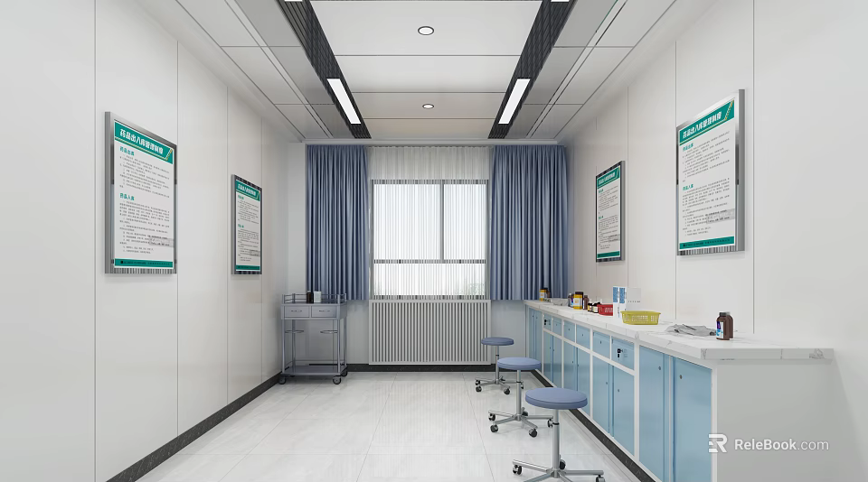 Medical Examination Room With White Walls Blue Curtains Green Notice Boards Countertops And Stools 3d model 