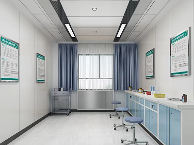 Medical Examination Room With White Walls Blue Curtains Green Notice Boards Countertops And Stools 3d model
