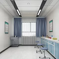 Medical Examination Room With White Walls Blue Curtains Green Notice Boards Countertops And Stools