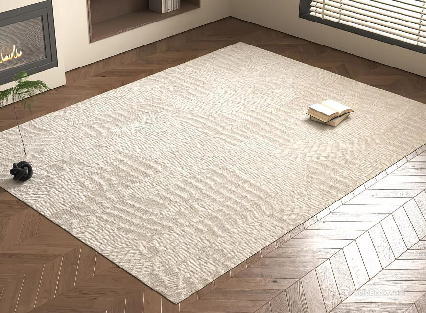 Light Beige Textured Square Rug in Living Room with Wood Floor Fireplace Plant and Books 3d model 