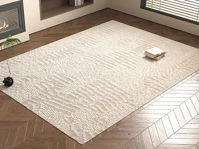 Light Beige Textured Square Rug in Living Room with Wood Floor Fireplace Plant and Books 3d model