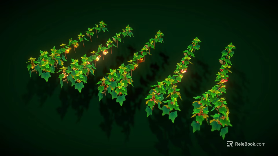 Lush Climbing Plants in Wavy Patterns with Green Leaves Yellow Orange Accents on Green Background 3d model 