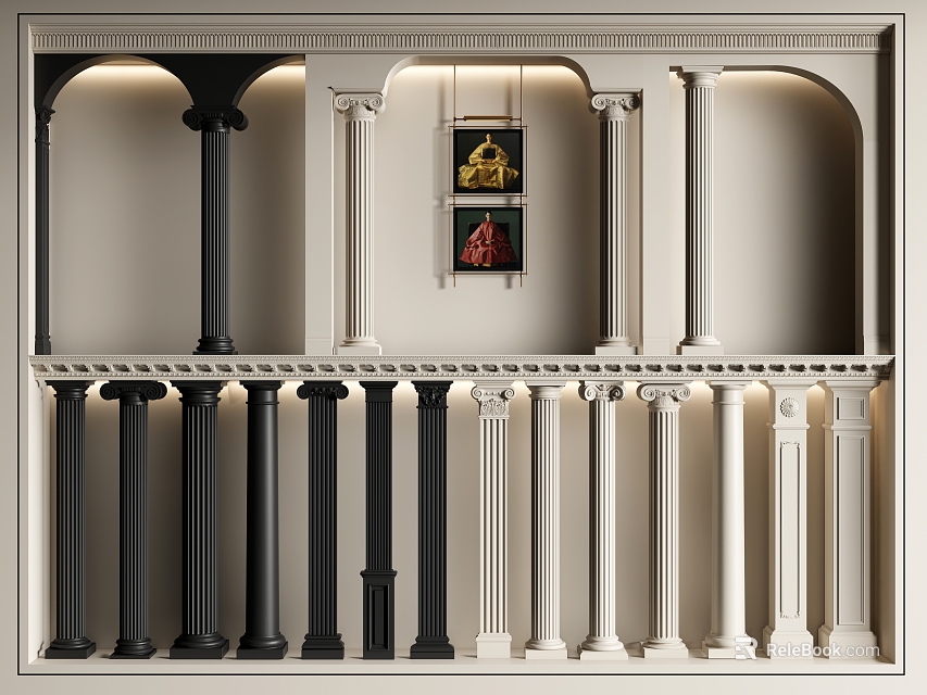 Classical Black And White Decorative Columns With Arched Designs Display Various Styles In Indoor Scene 3d model 