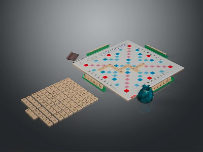 Household Board Game Set With Wooden Letter Tiles Blue Container And Game Board 3d model