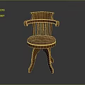 Classic Wooden Chair With Curved Arms Vertical Slat Back Red Tufted Seat And Three Legs