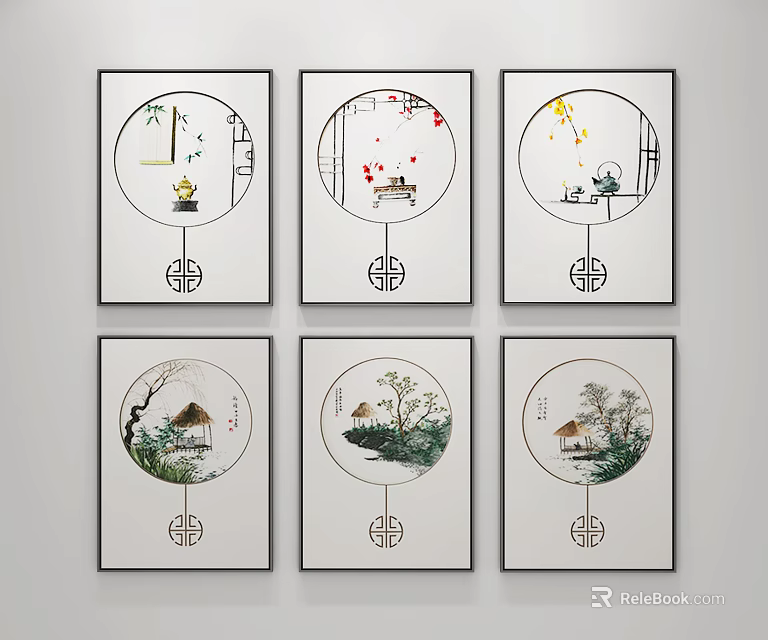 Chinese Style Decorative Paintings With Circular Design Traditional Elements And White Frames 3d model