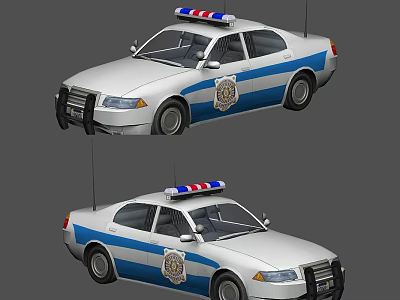 White and Blue Striped Police Utility Vehicle Featuring Sirens Badge and Sedan Design 3d model