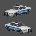 White and Blue Striped Police Utility Vehicle Featuring Sirens Badge and Sedan Design