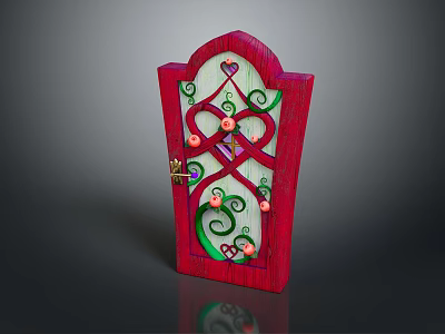 Red Wooden Swing Door With Green Curly Patterns Heart Decoration And Colorful Beads 3d model