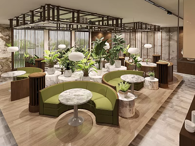 Modern Restaurant Interior With Green Sofa Seating Marble Round Tables Plants And Pendant Lights 3d model