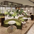Modern Restaurant Interior With Green Sofa Seating Marble Round Tables Plants And Pendant Lights
