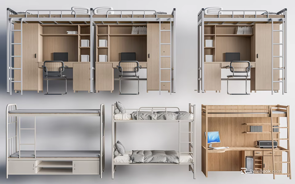 Space Saving Bunk Bed Design With Desk Wardrobe Storage And Computer Setup 3d model