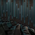 Modern Cinema Interior With Comfortable Blue Leather Seats And Decorative Wall Panels