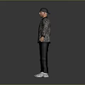 Man In Black Cap And Camouflage Jacket With Arms Outstretched On Gray Background