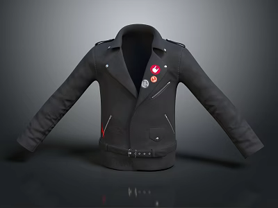 Classic Black Collared Jacket Featuring Decorative Badges Functional Zippers And Adjustable Waist Belt 3d model