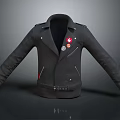 Classic Black Collared Jacket Featuring Decorative Badges Functional Zippers And Adjustable Waist Belt 3d model