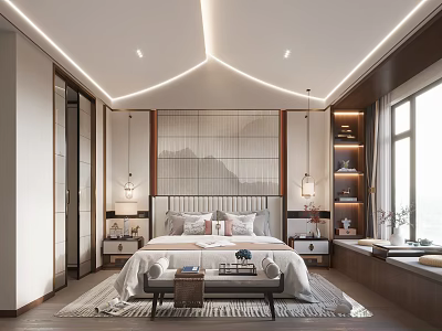 Modern Bedroom Interior Design With Textured Headboard Wall Pendant Lamps And Large Window Natural Light 3d model