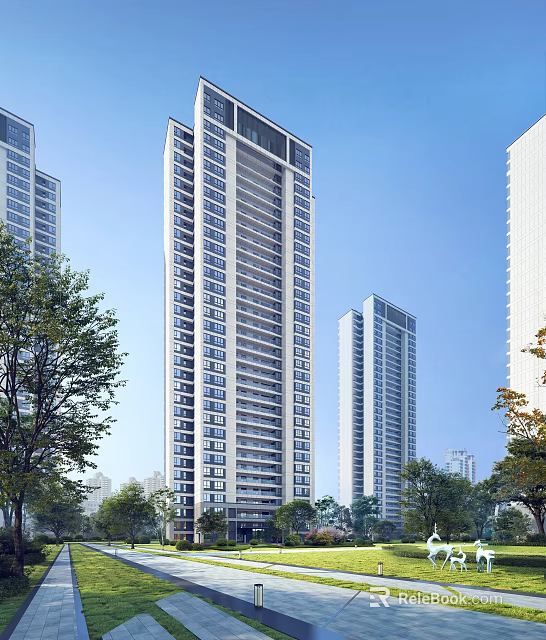 Modern High Rise Residential Building with Green Trees and Blue Sky Surroundings 3d model 