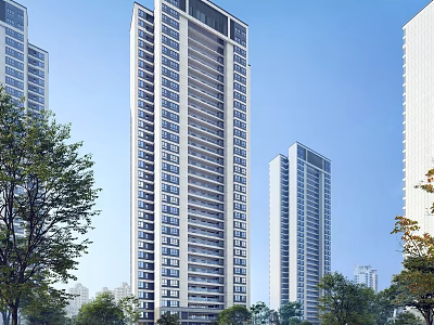 Modern High Rise Residential Building with Green Trees and Blue Sky Surroundings 3d model