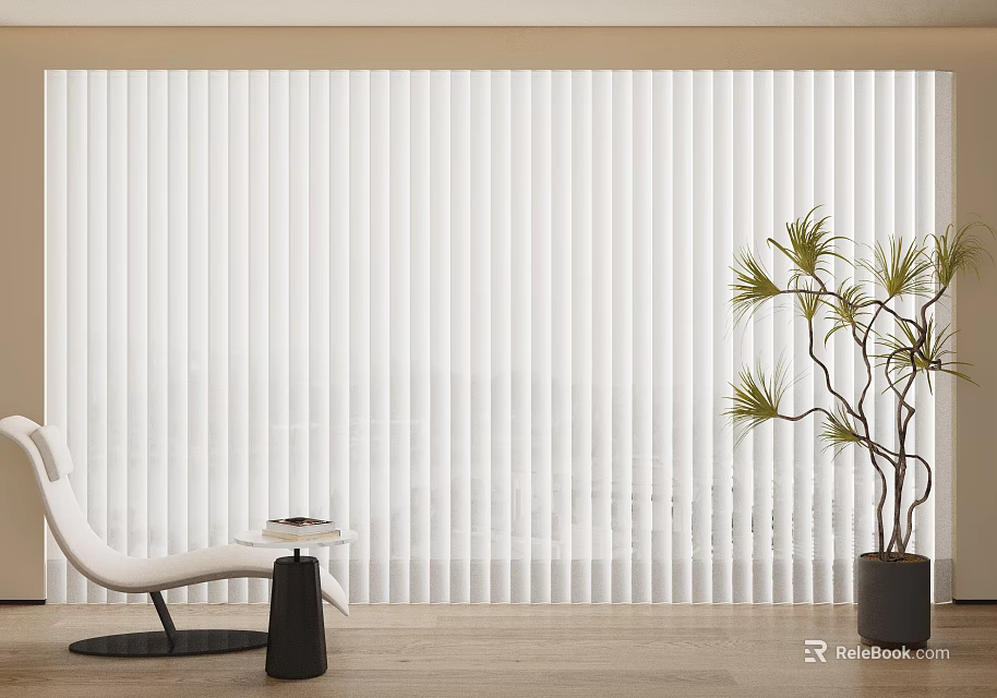 White Vertical Blinds In Modern Interior With White Chair Side Table And Green Plant 3d model 