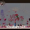 Women's Day Decorative Setup With Heart Shaped Crown Rose Cosmetic Models And Pink Balloons