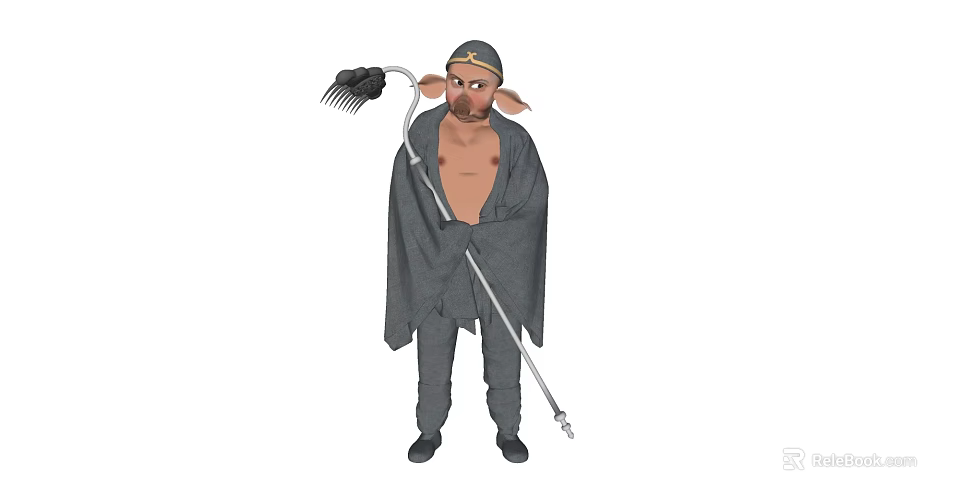 Game and Movie Character With Pig Face Wearing Hat Holding Rake In Robe 3d model 
