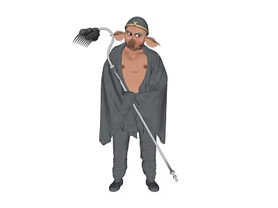 Game and Movie Character With Pig Face Wearing Hat Holding Rake In Robe 3d model