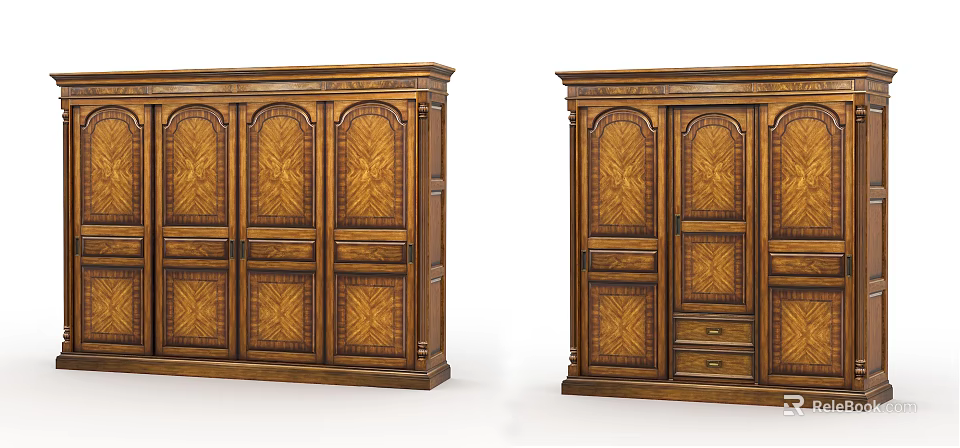 Classic Wooden Wardrobe With Elegant Carved Patterns And Functional Storage Drawers 3d model 