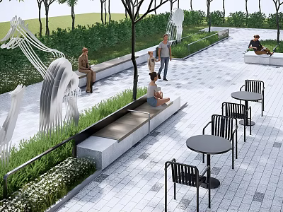 Outdoor Landscape Seats Surrounded by Trees Grass and People Relaxing on Paved Area 3d model