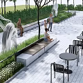 Outdoor Landscape Seats Surrounded by Trees Grass and People Relaxing on Paved Area