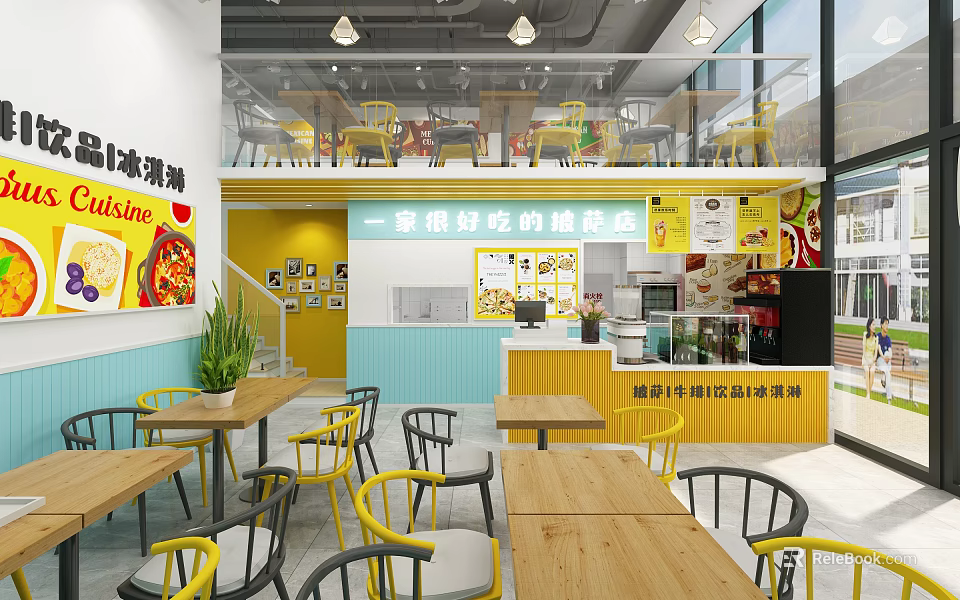 Bright Bubble Tea Shop Interior With Yellow Blue Walls Wooden Tables And Decorations 3d model 