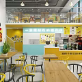 Bright Bubble Tea Shop Interior With Yellow Blue Walls Wooden Tables And Decorations