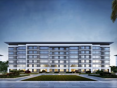 Modern Multistory Building Exterior With Large Windows And Front Lawn Pathway 3d model