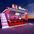 Summer Night Outdoor Bar With Neon Sign Red Stools Bar Counter And Staircase