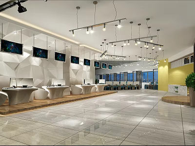 Modern Internet Cafe Interior With Multiple Computers Comfortable Seating And Bright Lighting 3d model