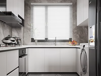 Modern Kitchen Interior With White Cabinets Gray Walls Sink Dishwasher And Window Blinds 3d model