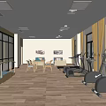 Spacious Fitness Center With Treadmills Exercise Equipment Tables Chairs And Wooden Floor