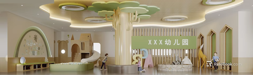 Playful Kindergarten Interior With Large Tree Structure Slide And Letter Decorations For Kids 3d model 